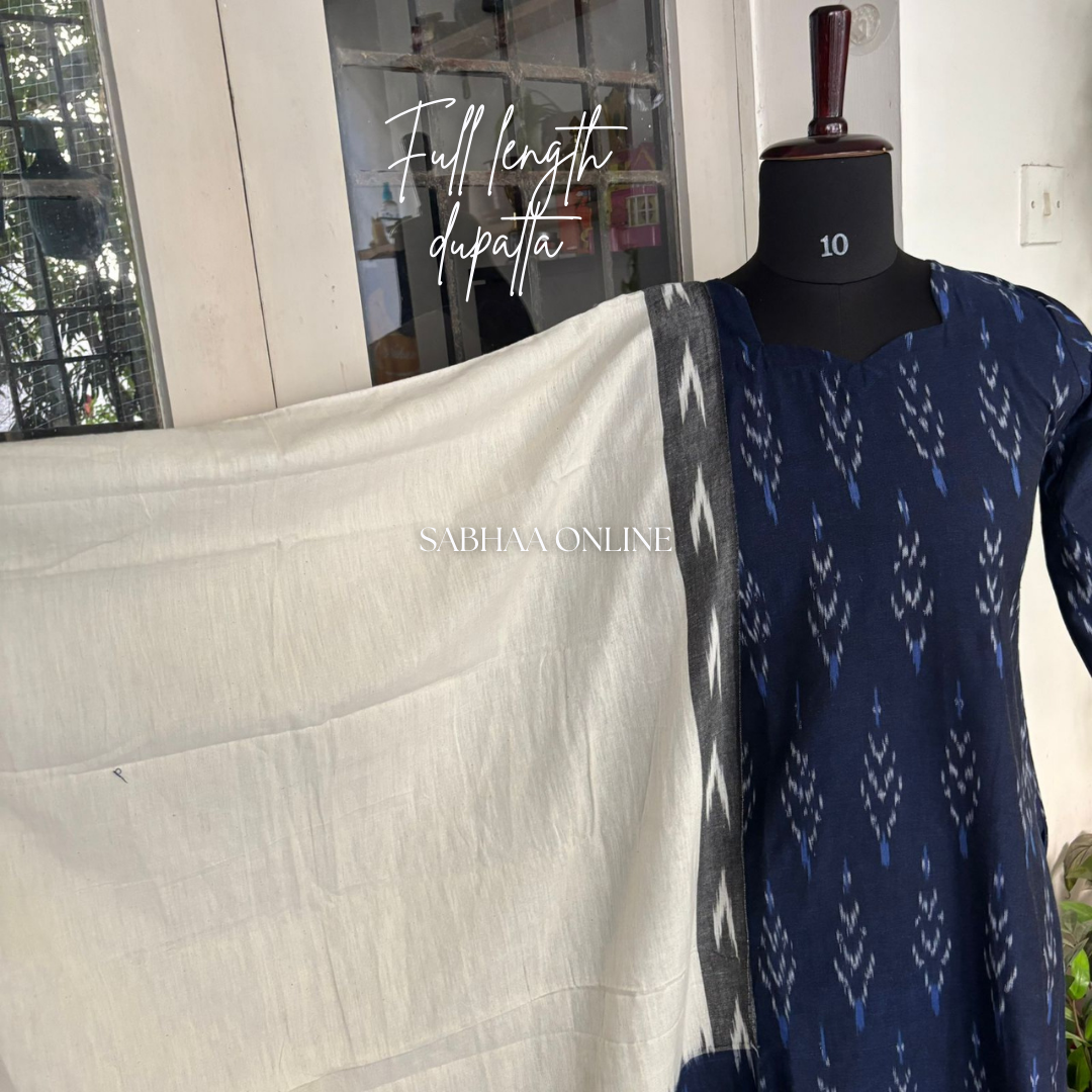 Rincy - Navy blue Ikkat Handloom Cotton kurti 3pc set with lining (Size M 38 only)