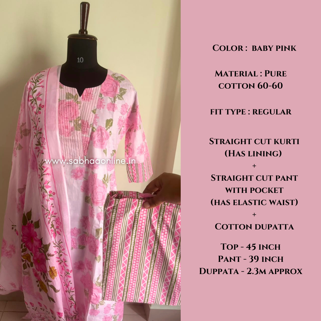 Nayana - Baby Pink Cotton kurti 3pc set with lining - LN 65