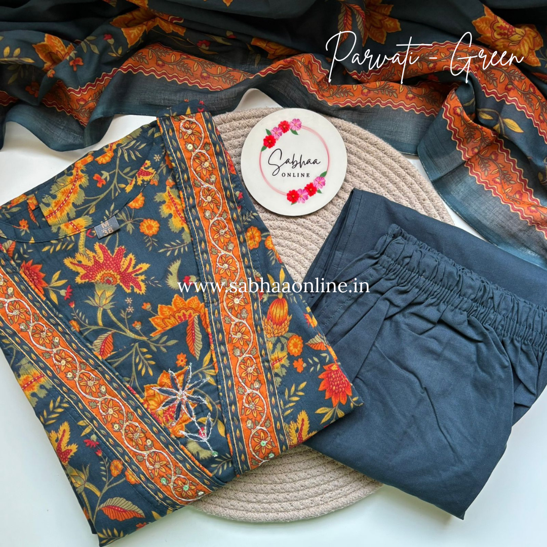 Parvati  - Deep Bottle Green and Orange Cotton kurti 3pc set - LN 28