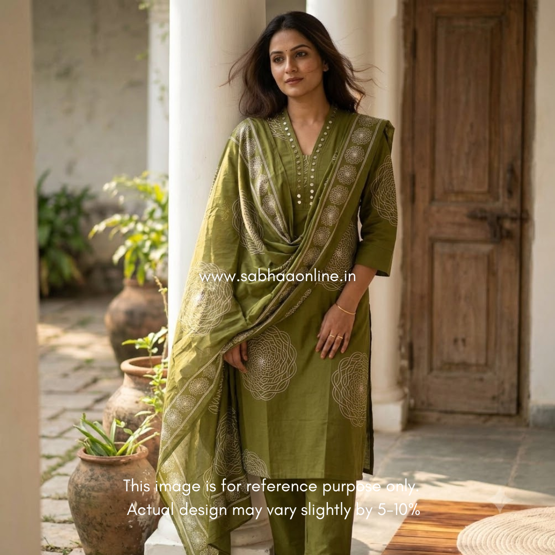 Olivia - Olive green Cotton Kurti 3pc set with lining - LN 61