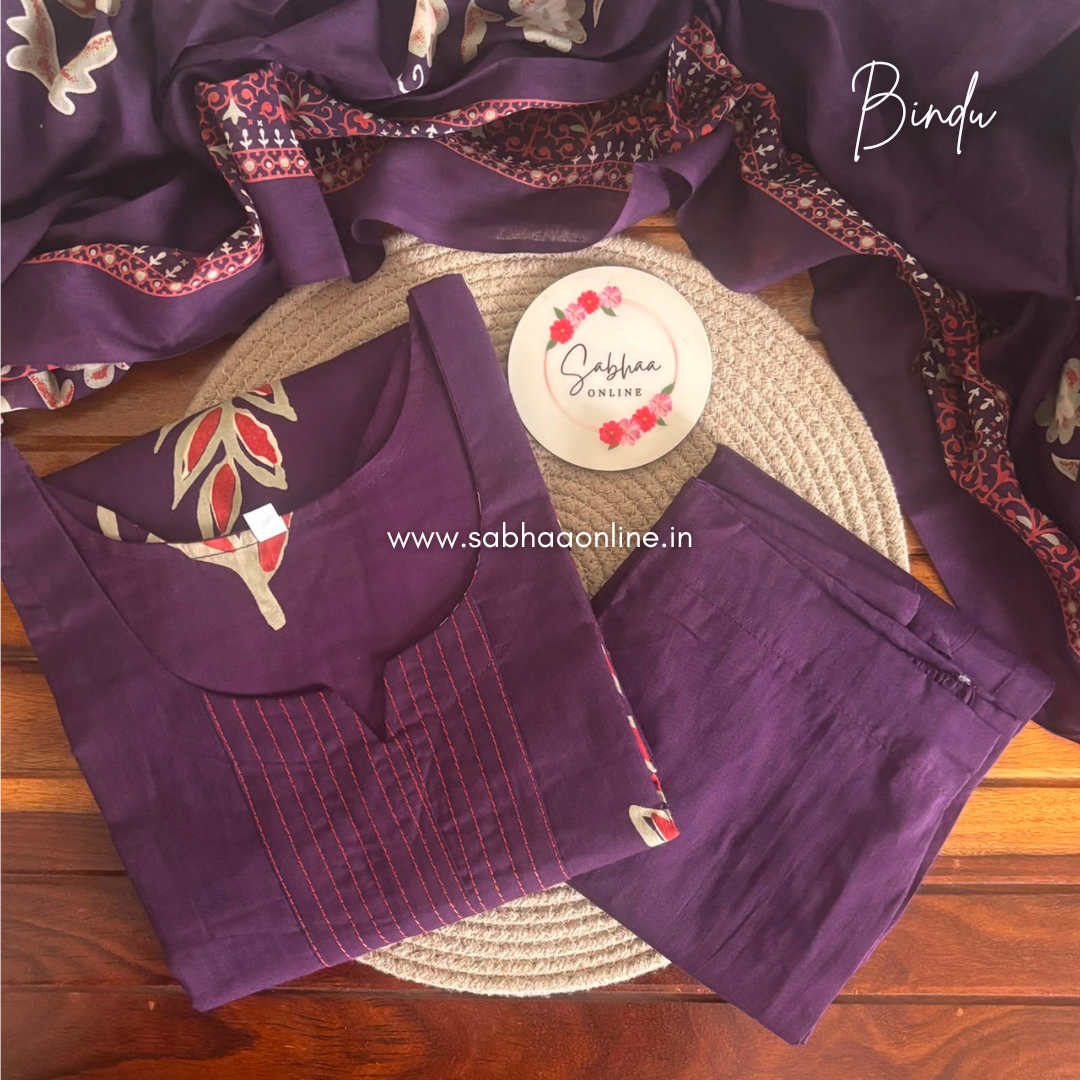 Bindu - Deep purple Cotton kurti 3pc set with lining - LN 61