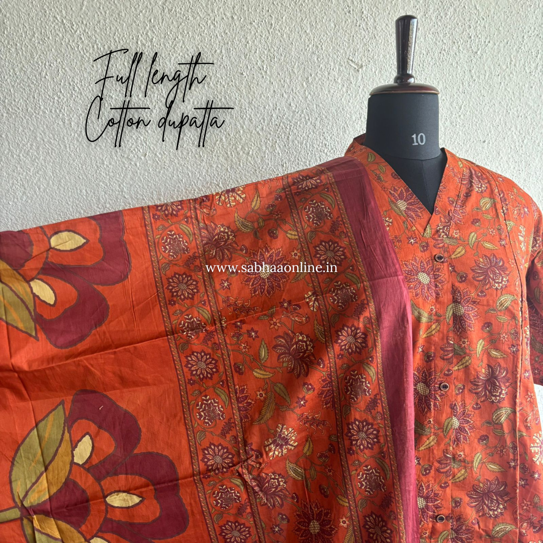 Aarathy - Rust Orange Cotton Anarkali kurti 3pc set with lining - LN 33