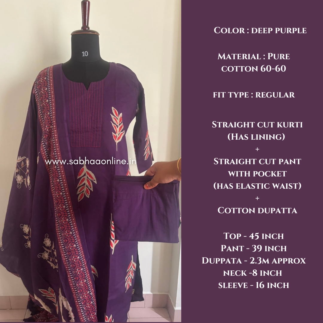 Bindu - Deep purple Cotton kurti 3pc set with lining - LN 61