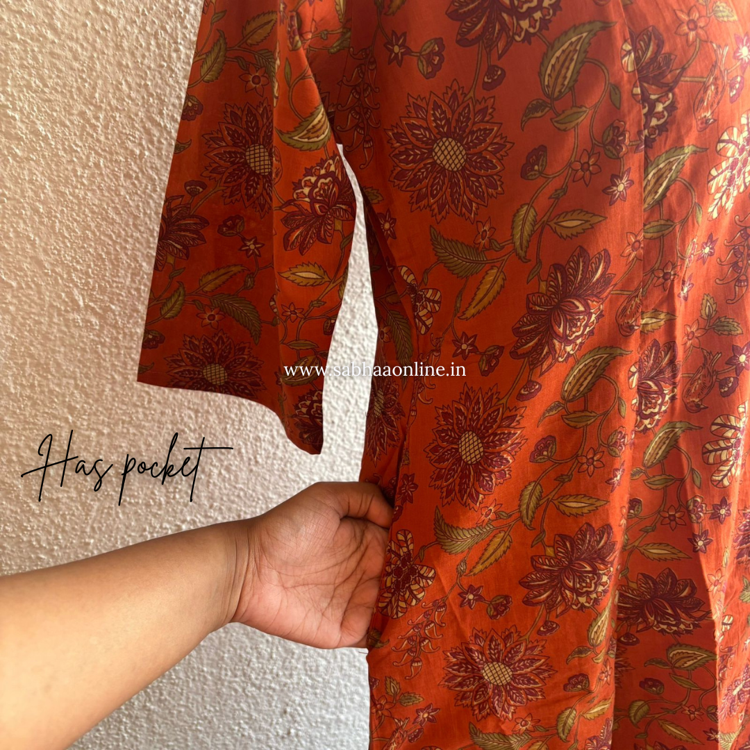 Aarathy - Rust Orange Cotton Anarkali kurti 3pc set with lining - LN 33