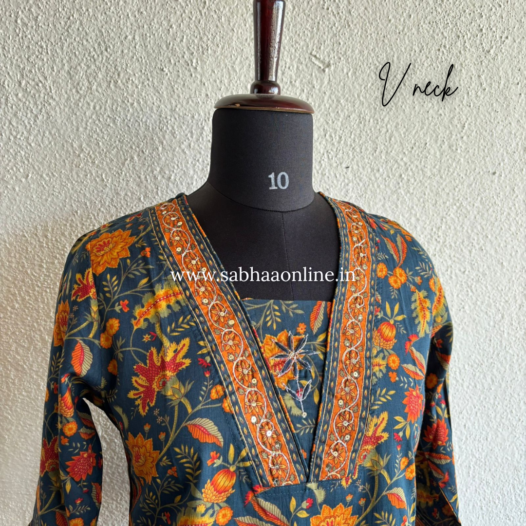 Parvati  - Deep Bottle Green and Orange Cotton kurti 3pc set - LN 28