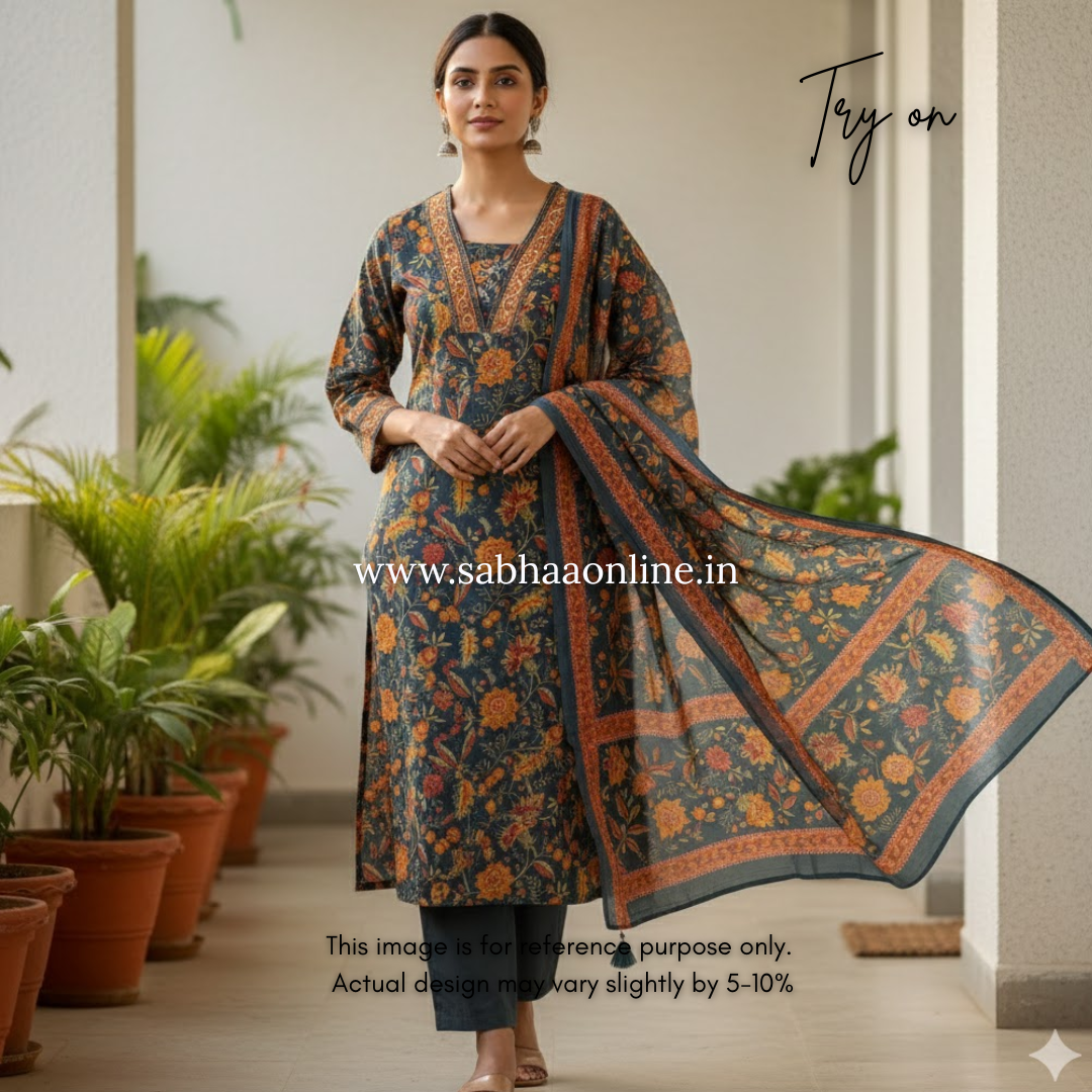 Parvati  - Deep Bottle Green and Orange Cotton kurti 3pc set - LN 28