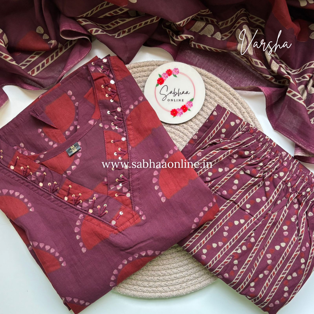 Varsha - Wine toned Burgundy and Red Cotton kurti 3pc set - LN 28
