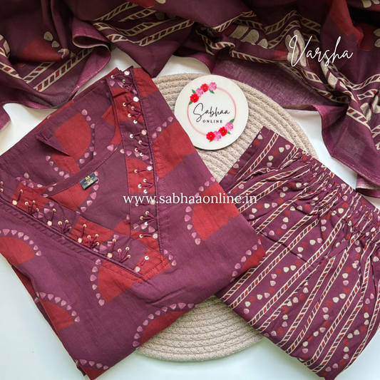 Varsha - Wine toned Burgundy and Red Cotton kurti 3pc set - LN 28