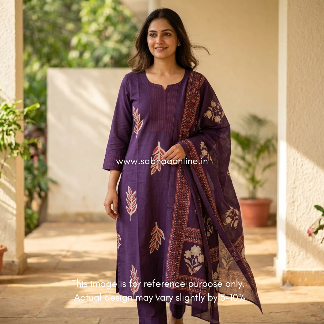 Bindu - Deep purple Cotton kurti 3pc set with lining - LN 61