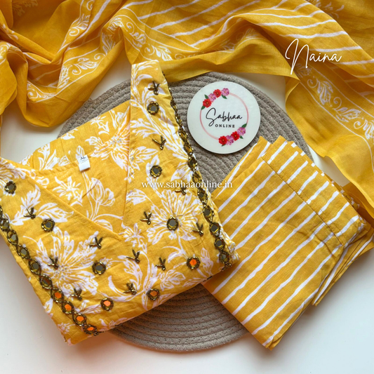 Naina - Yellow Mirror worked Cotton Anarkali kurti 3pc set with lining - LN 33