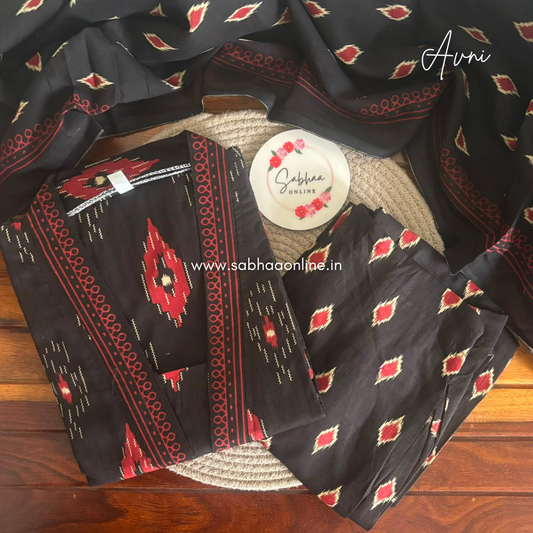 Avni - Black and Red Ikkat Cotton kurti 3pc set with lining - LN 61