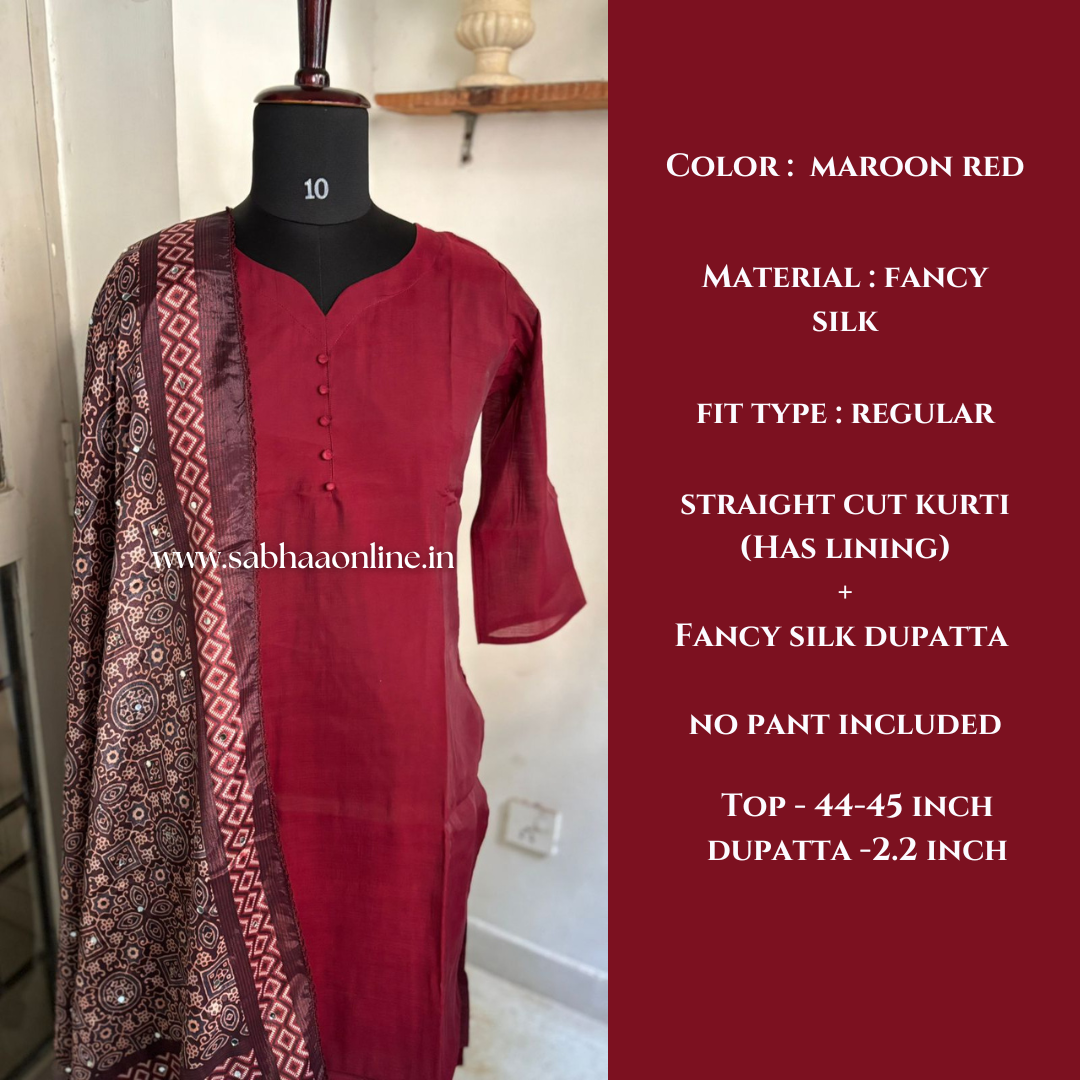 Sahitya - Maroon Red Fancy Silk Kurti + dupatta combo (no pant) - LN 49