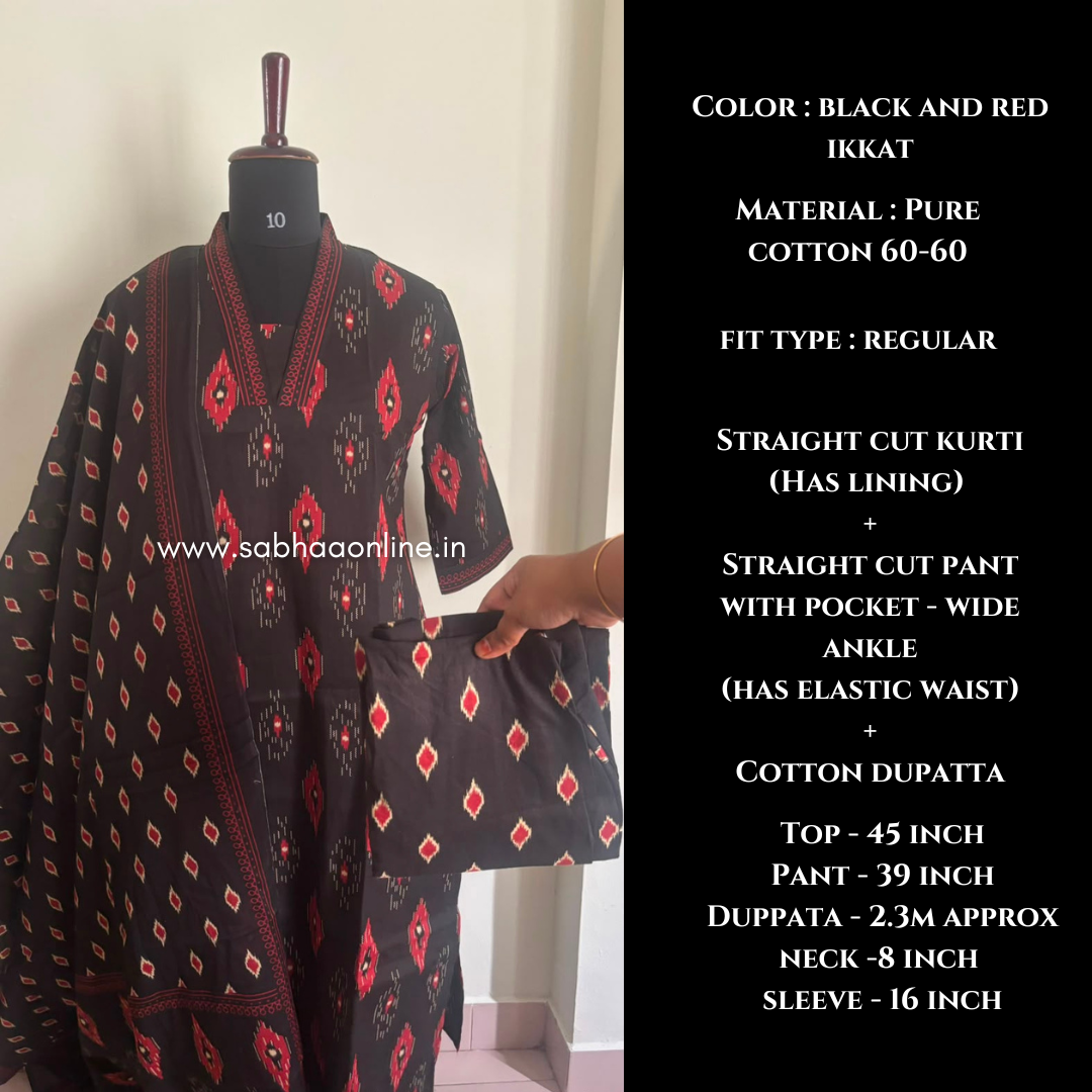 Avni - Black and Red Ikkat Cotton kurti 3pc set with lining - LN 61