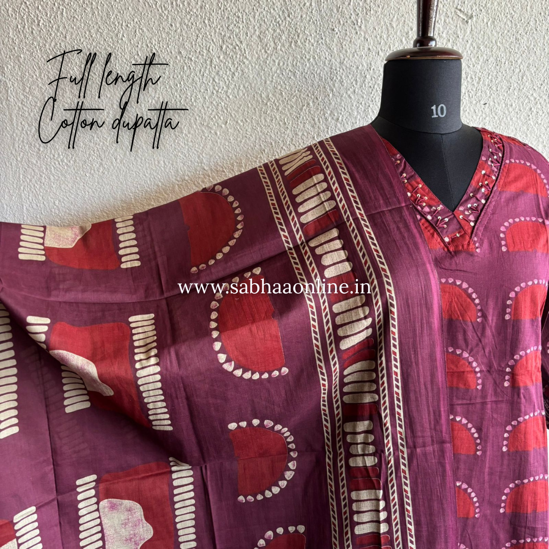 Varsha - Wine toned Burgundy and Red Cotton kurti 3pc set - LN 28