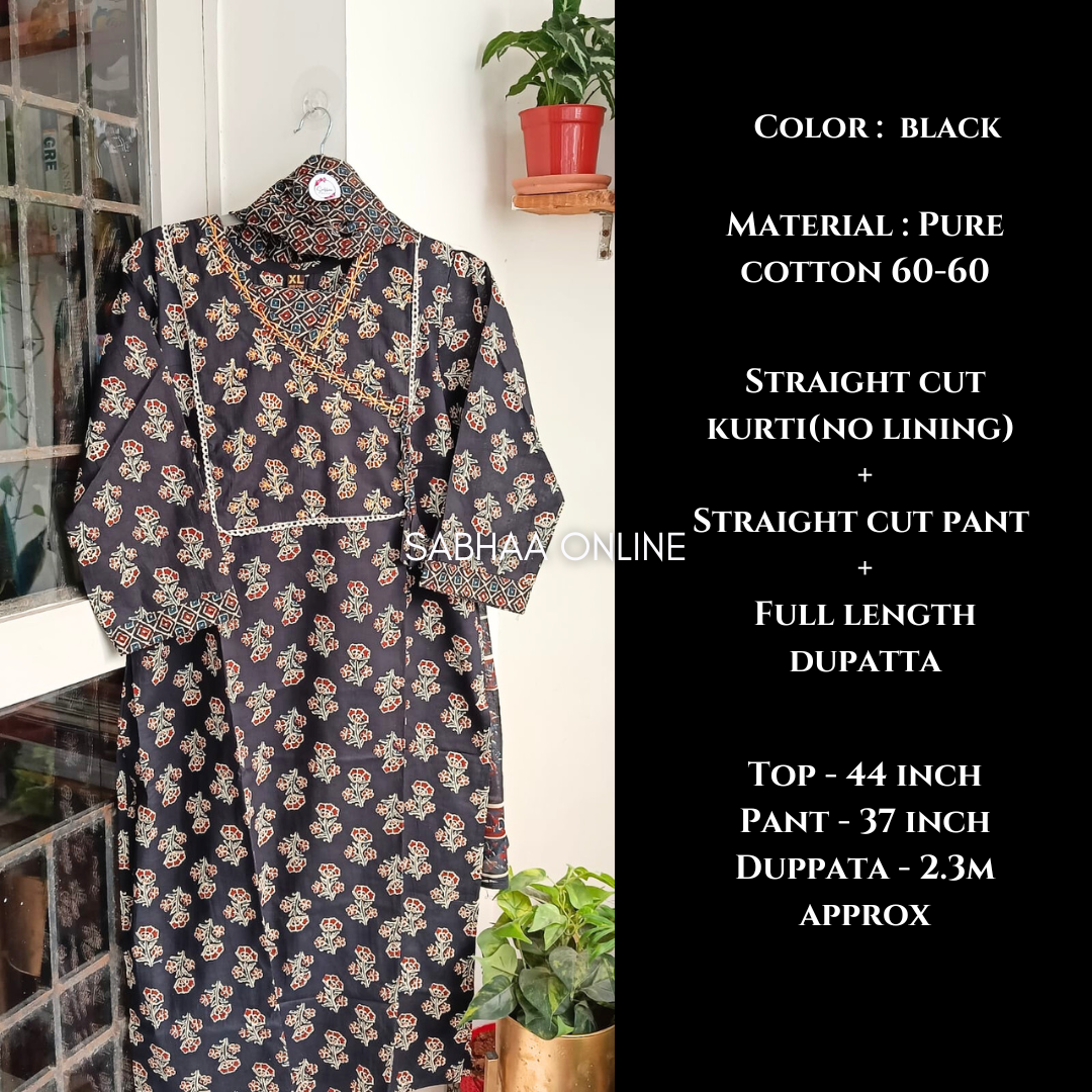 Yukta - Black Katha embroidery Cotton Kurti 3pc set