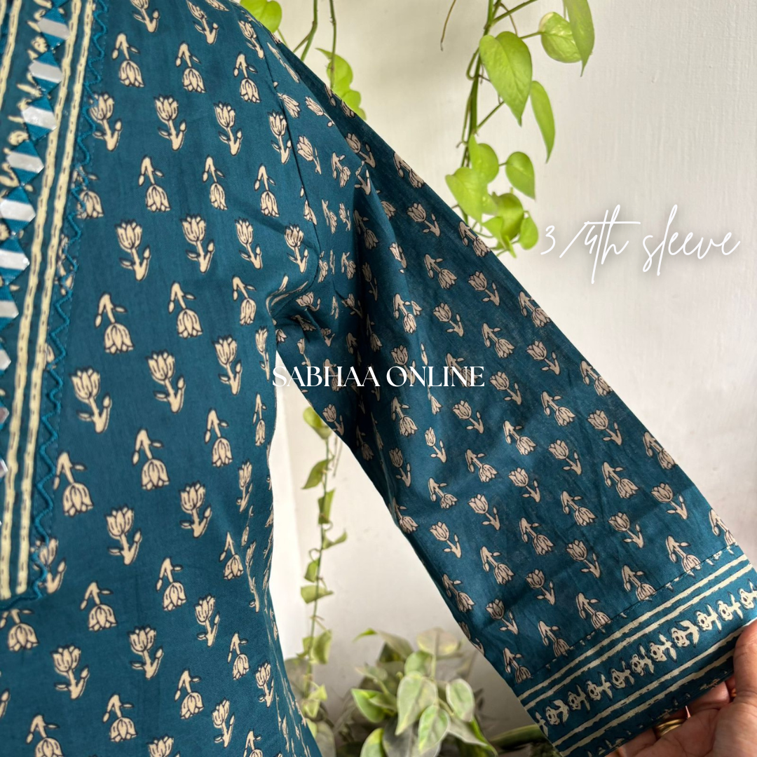 Aradhana - Dark teal and beige Cotton kurti 3pc set
