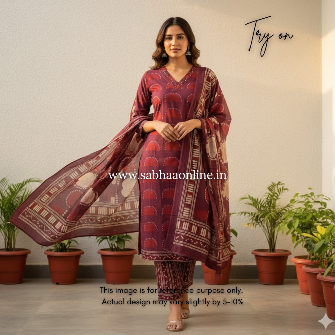 Varsha - Wine toned Burgundy and Red Cotton kurti 3pc set - LN 28