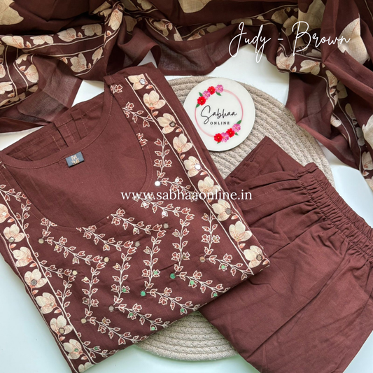 Judy - Brown and Cream Cotton kurti 3pc set - LN 28