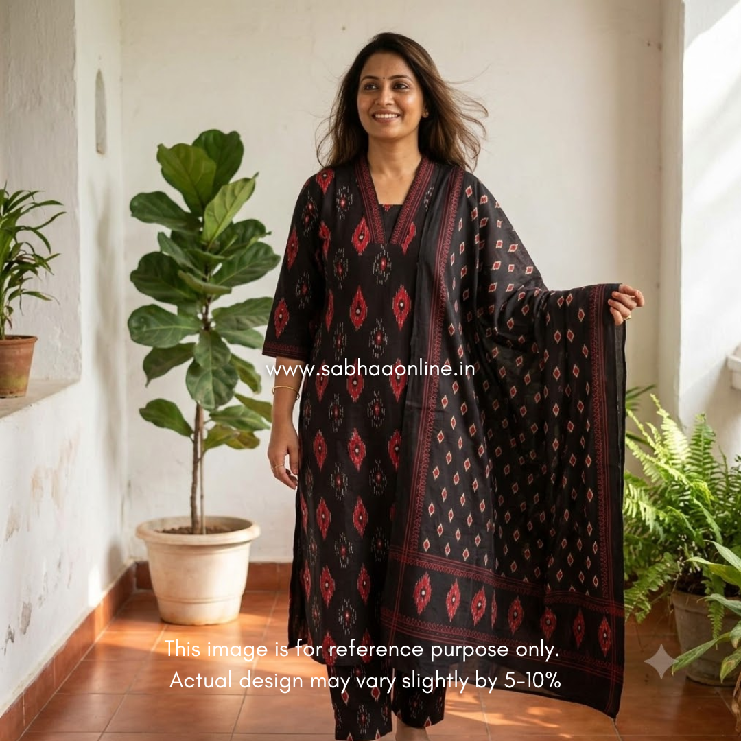 Avni - Black and Red Ikkat Cotton kurti 3pc set with lining - LN 61