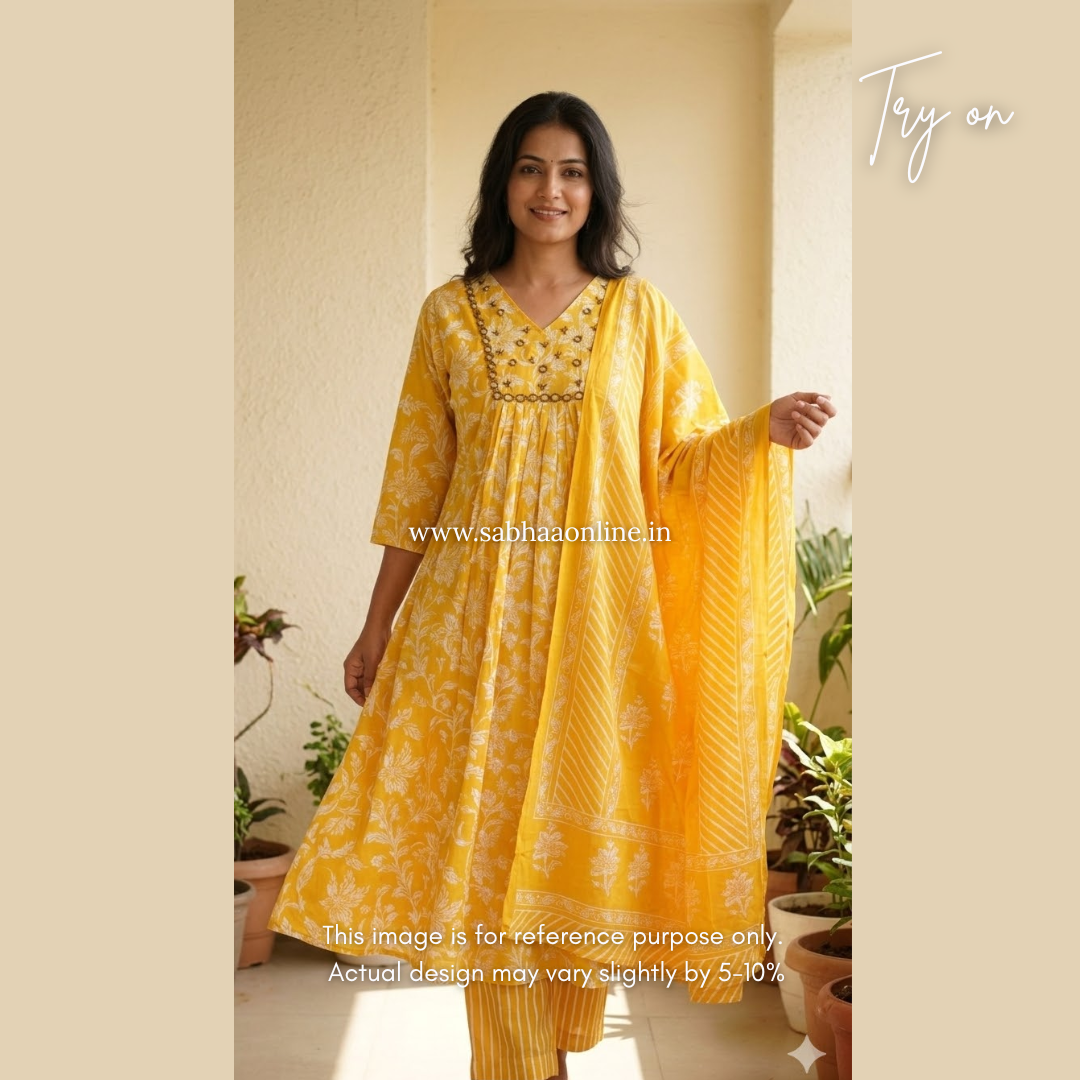 Naina - Yellow Mirror worked Cotton Anarkali kurti 3pc set with lining - LN 33