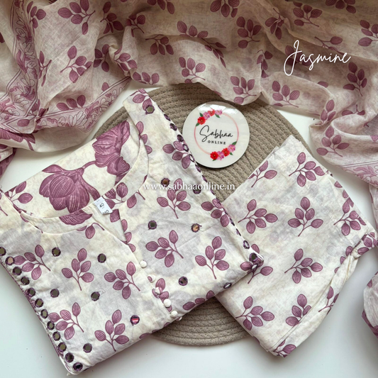 Jasmine - Off white and lavendar Cotton kurti 3pc set with lining - LN 33