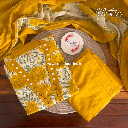 Maithree - White and Yellow Floral Cotton kurti 3pc set with lining - LN 61