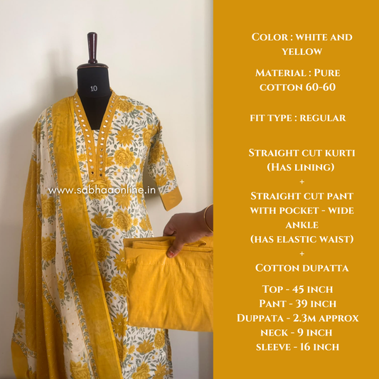 Maithree - White and Yellow Floral Cotton kurti 3pc set with lining - LN 61