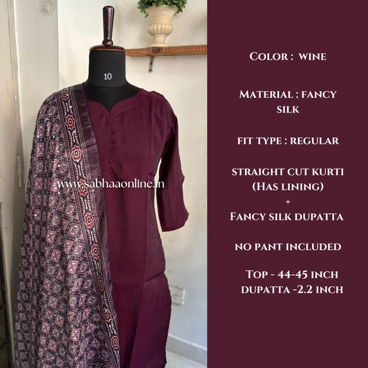 Sahitya - Wine Fancy Silk Kurti + dupatta combo (no pant) - LN 49