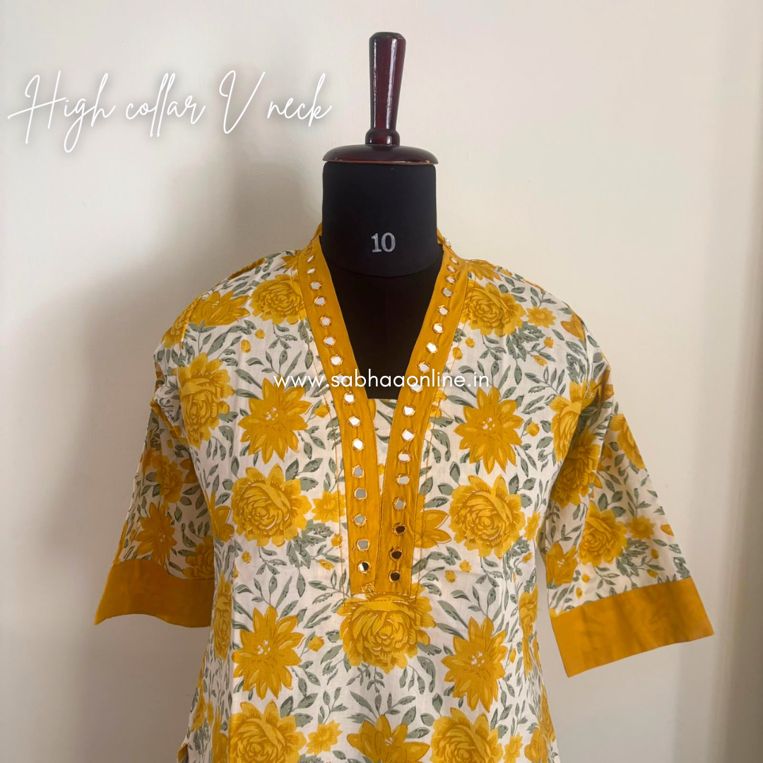 Maithree - White and Yellow Floral Cotton kurti 3pc set with lining - LN 61