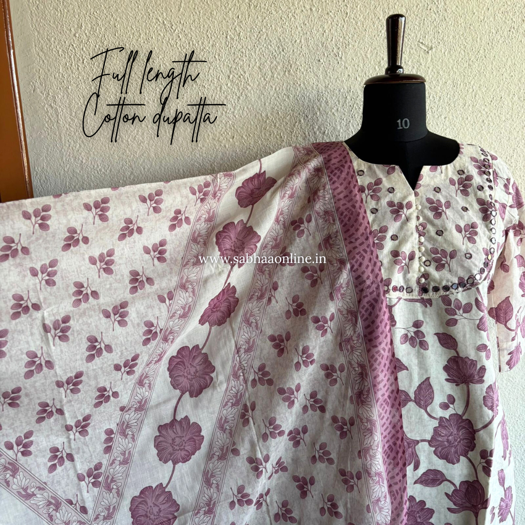 Jasmine - Off white and lavendar Cotton kurti 3pc set with lining - LN 33