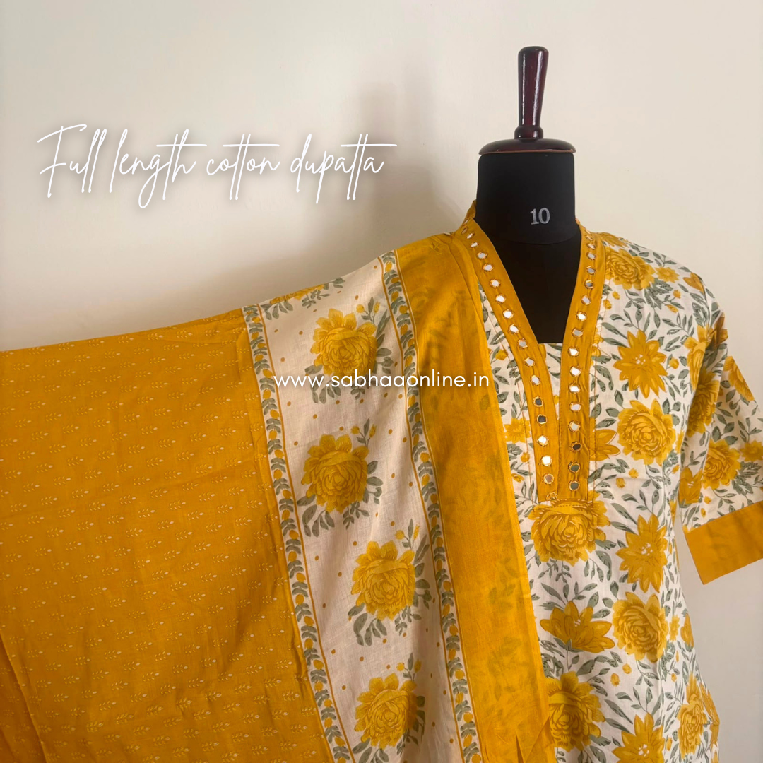 Maithree - White and Yellow Floral Cotton kurti 3pc set with lining - LN 61