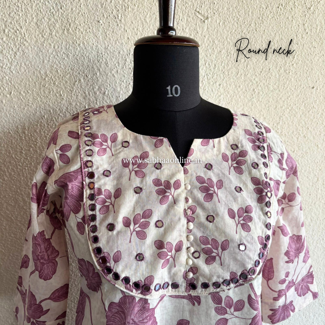 Jasmine - Off white and lavendar Cotton kurti 3pc set with lining - LN 33