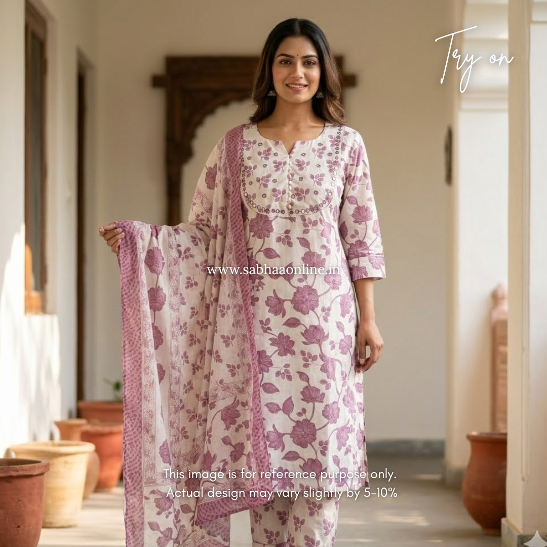 Jasmine - Off white and lavendar Cotton kurti 3pc set with lining - LN 33