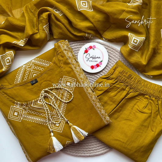 Sanskriti - Yellow Aline Cotton Kurti 3pc set - LN 34