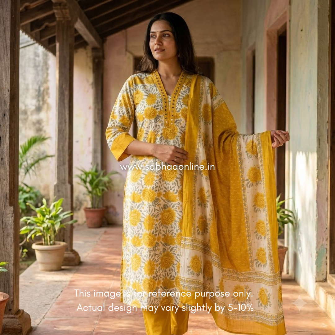 Maithree - White and Yellow Floral Cotton kurti 3pc set with lining - LN 61