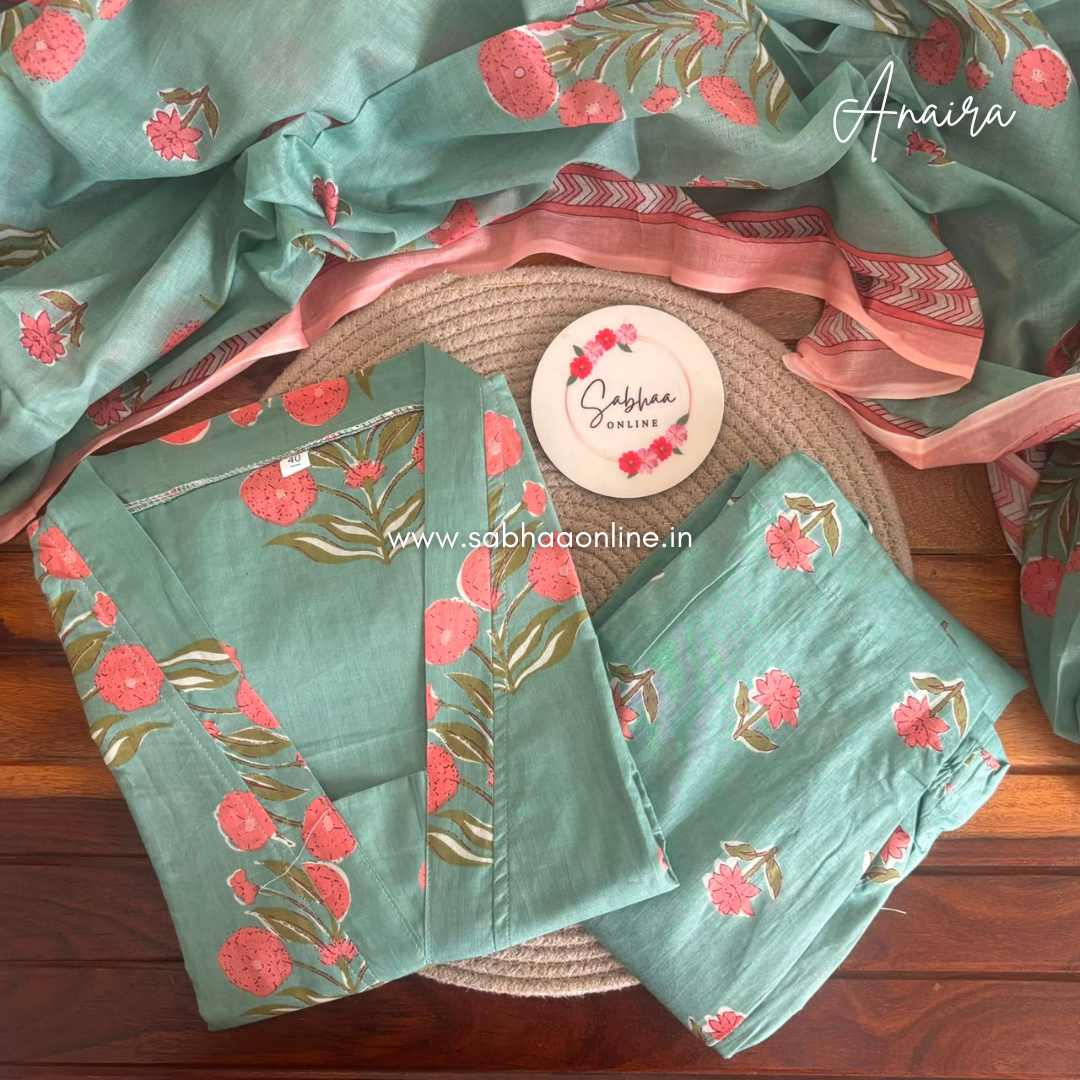 Anaira - Seafoam Green and baby pink Cotton kurti 3pc set with lining - LN 61