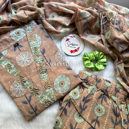 Binita - Warm beige Cotton Kurti 3pc set