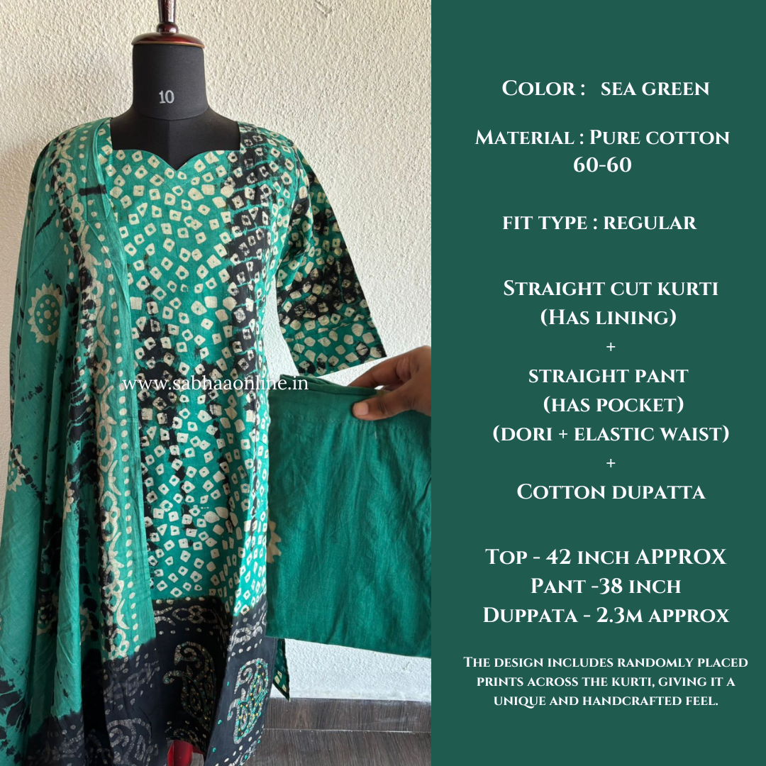 Meena - Sea green Cotton Kurti 3pc set with lining - LN 35