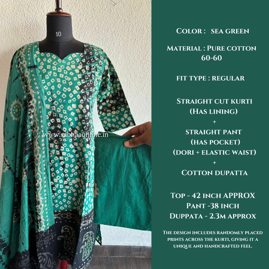 Meena - Sea green Cotton Kurti 3pc set with lining - LN 35