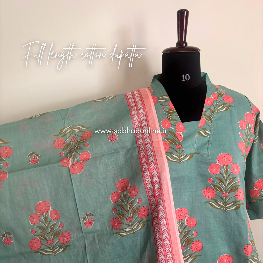 Anaira - Seafoam Green and baby pink Cotton kurti 3pc set with lining - LN 61
