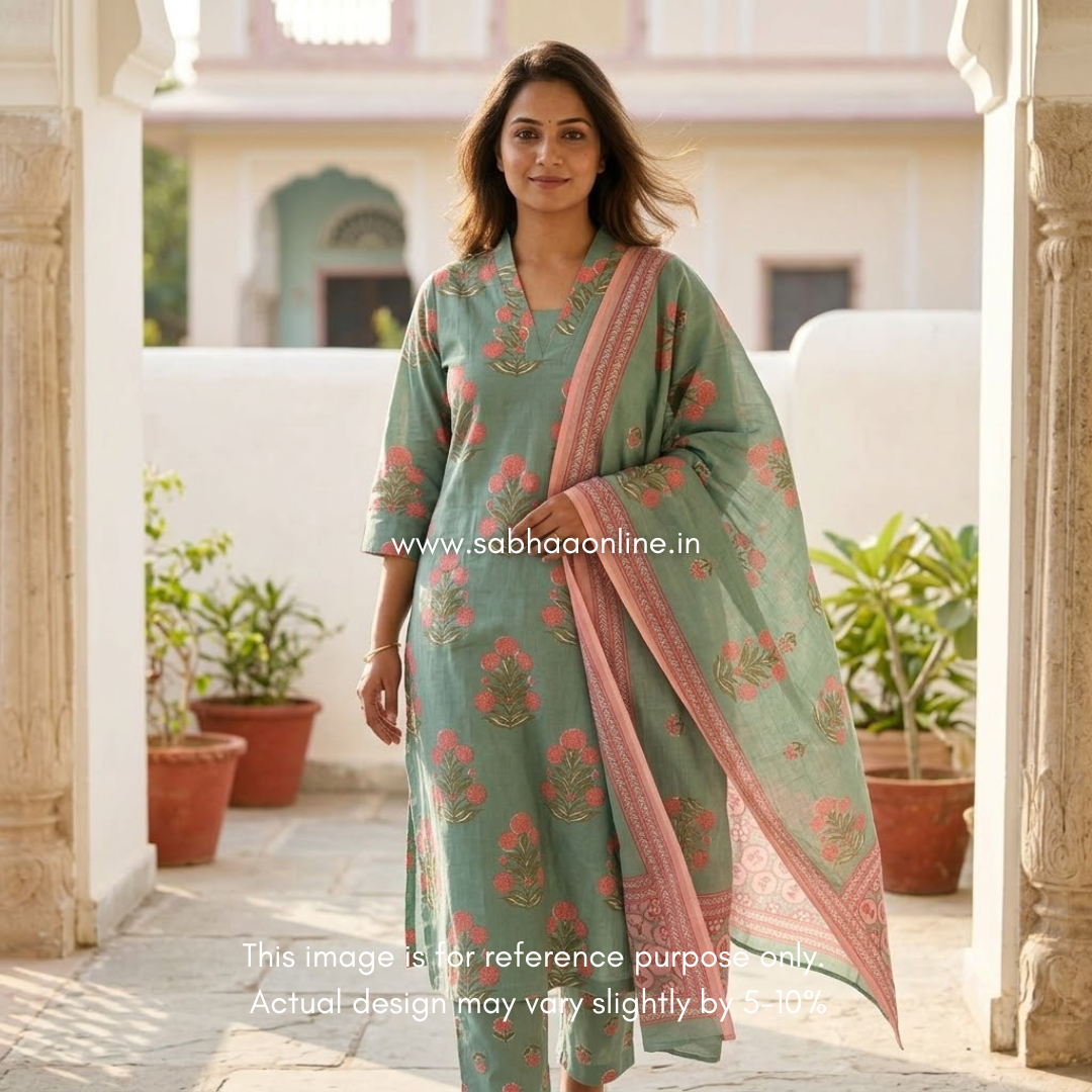 Anaira - Seafoam Green and baby pink Cotton kurti 3pc set with lining - LN 61