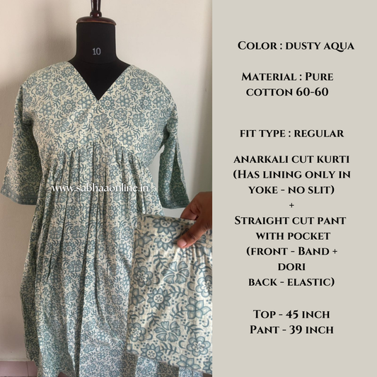 Ampu - Dusty Aqua Alia cut styled cotton anarkali coord set (Relaxed fit) - LN 60
