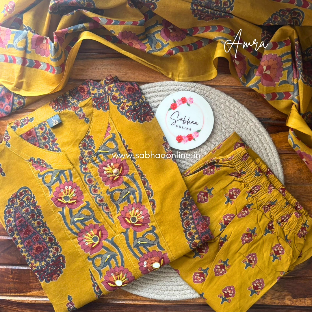 Amra - Mustard yellow and Pink Paisley Cotton kurti 3pc set (no lining) - LN 62
