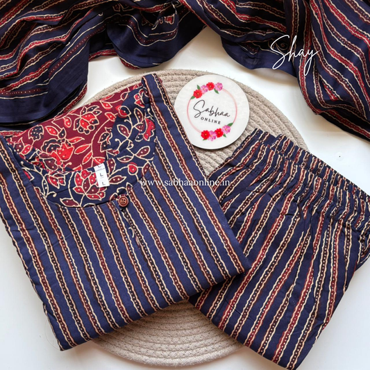 Shay - Red and Blue Ajrakh Cotton kurti 3pc set with lining - LN 35