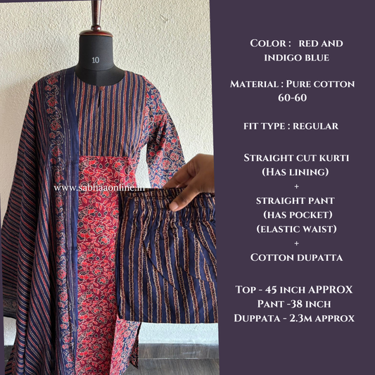 Shay - Red and Blue Ajrakh Cotton kurti 3pc set with lining - LN 35