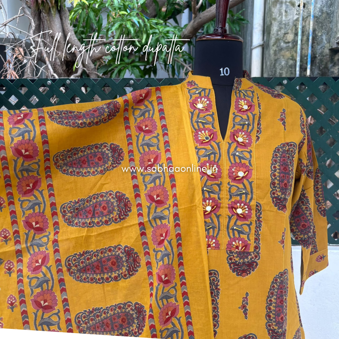 Amra - Mustard yellow and Pink Paisley Cotton kurti 3pc set (no lining) - LN 62