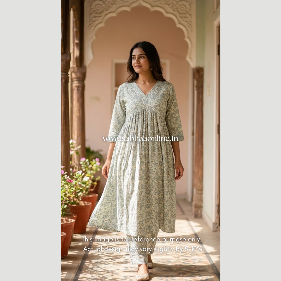 Ampu - Dusty Aqua Alia cut styled cotton anarkali coord set - LN 60