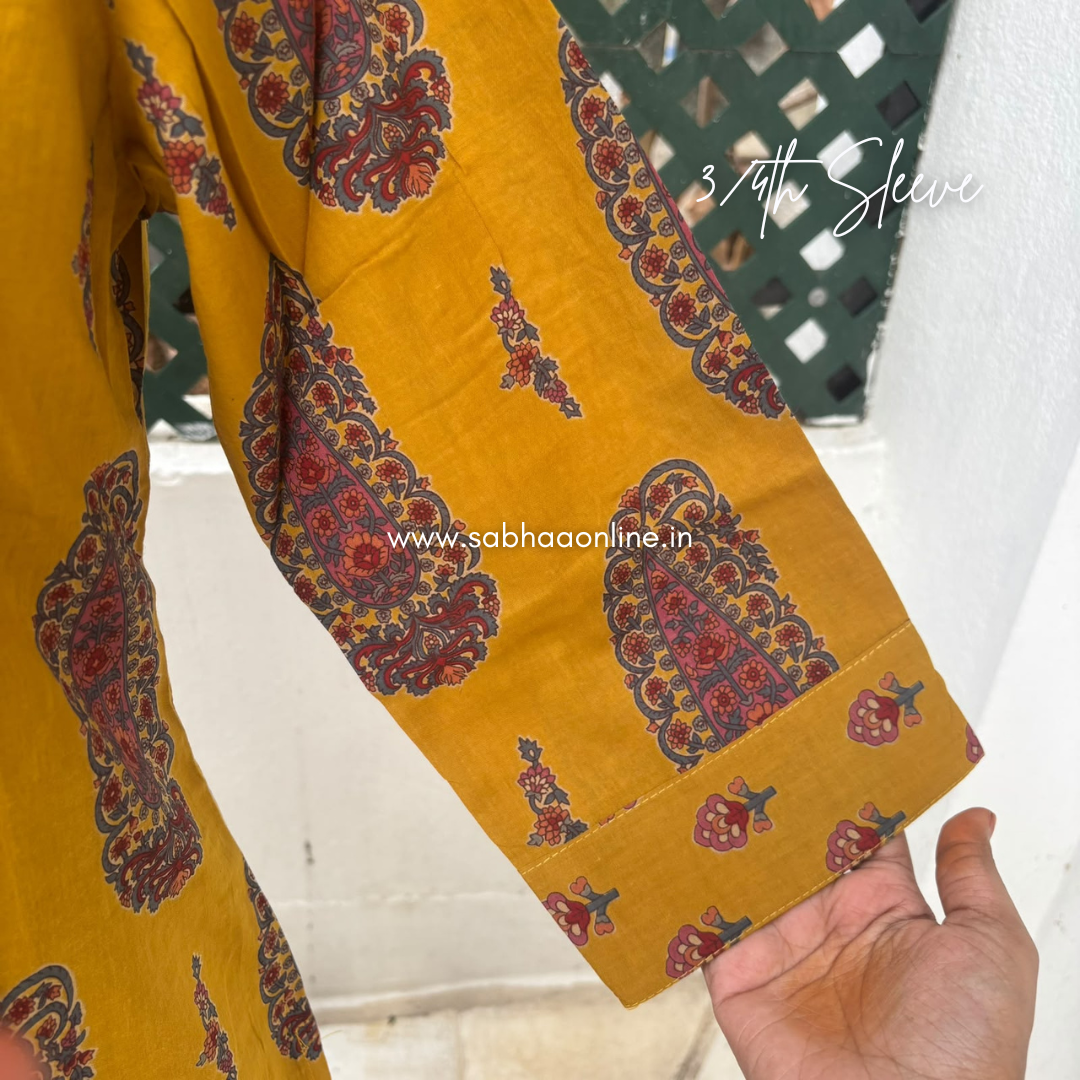 Amra - Mustard yellow and Pink Paisley Cotton kurti 3pc set (no lining) - LN 62
