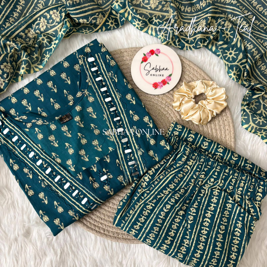 Aradhana - Dark teal and beige Cotton kurti 3pc set