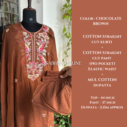 Shabnam - Brown Embroidery Cotton Kurti 3pc set